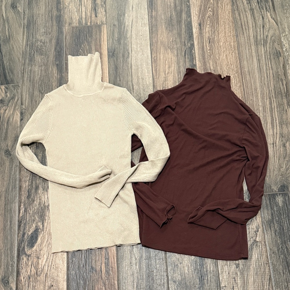 Women's Beige and Brown Turtleneck Sweater Set